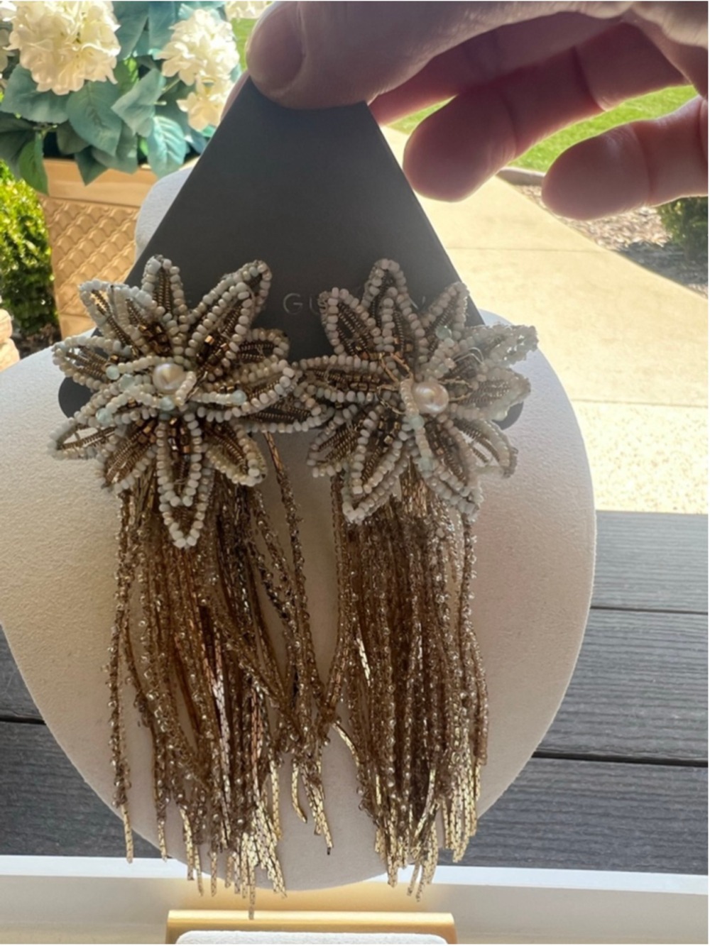 NWT Deepa Gurnani Gold & White Beaded Fringe Earrings - Picture 2 of 4